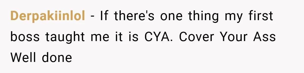 Derpakiinlol − If there's one thing my first boss taught me it is CYA. Cover Your Ass Well done