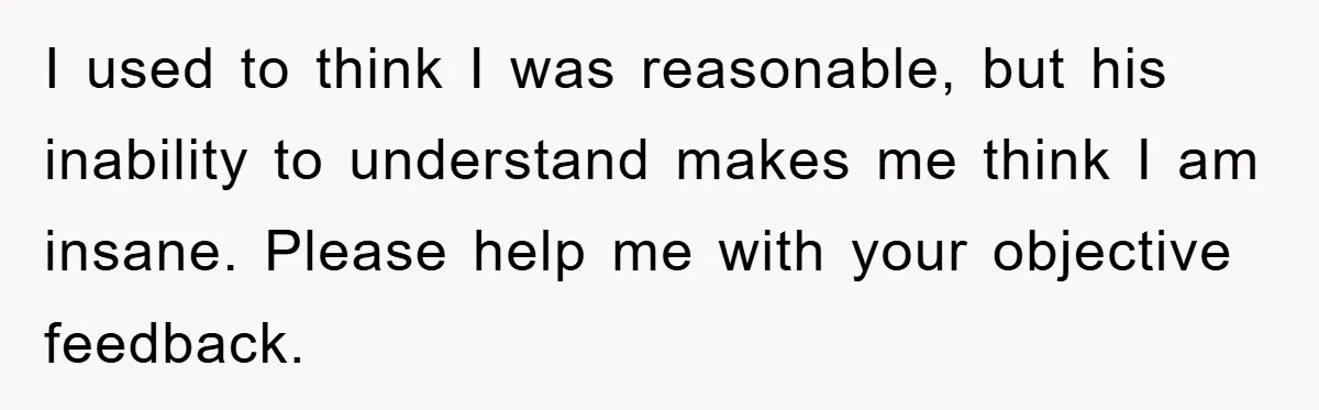 I used to think I was reasonable, but his inability to understand makes me think I am insane. Please help me with your objective feedback.