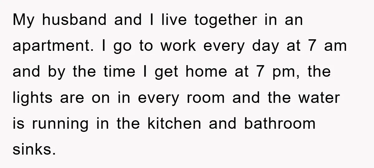 My husband and I live together in an apartment. I go to work every day at 7 am and by the time I get home at 7 pm, the lights...