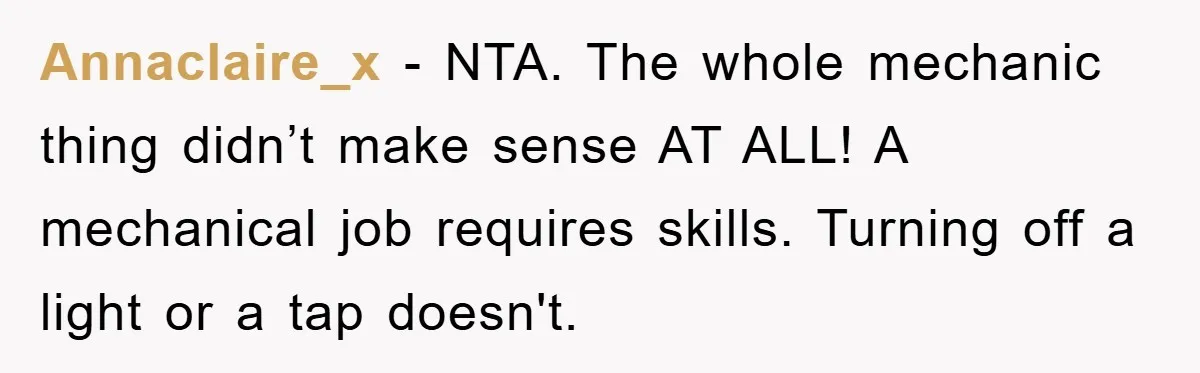 Annaclaire_x − NTA. The whole mechanic thing didn’t make sense AT ALL! A mechanical job requires skills. Turning off a light or a tap doesn't.