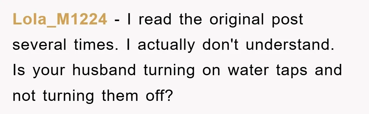 Lola_M1224 − I read the original post several times. I actually don't understand. Is your husband turning on water taps and not turning them off?