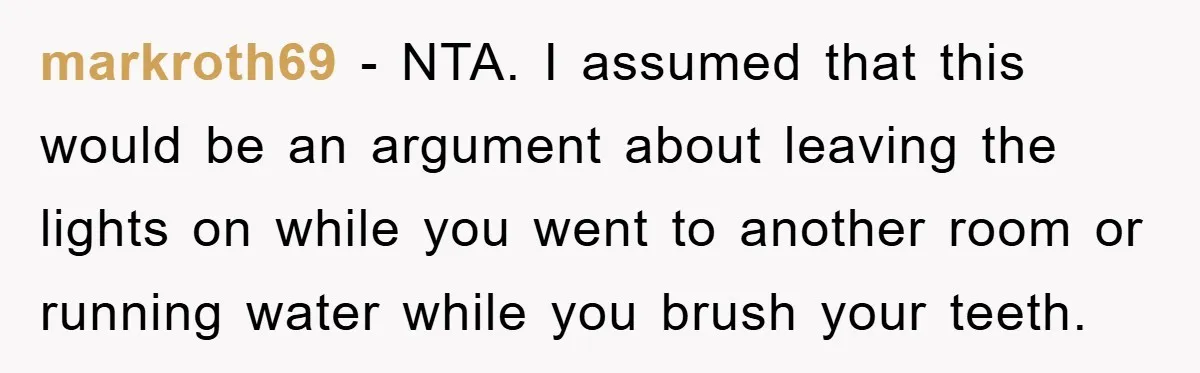 markroth69 − NTA. I assumed that this would be an argument about leaving the lights on while you went to another room or running water while you brush your teeth.