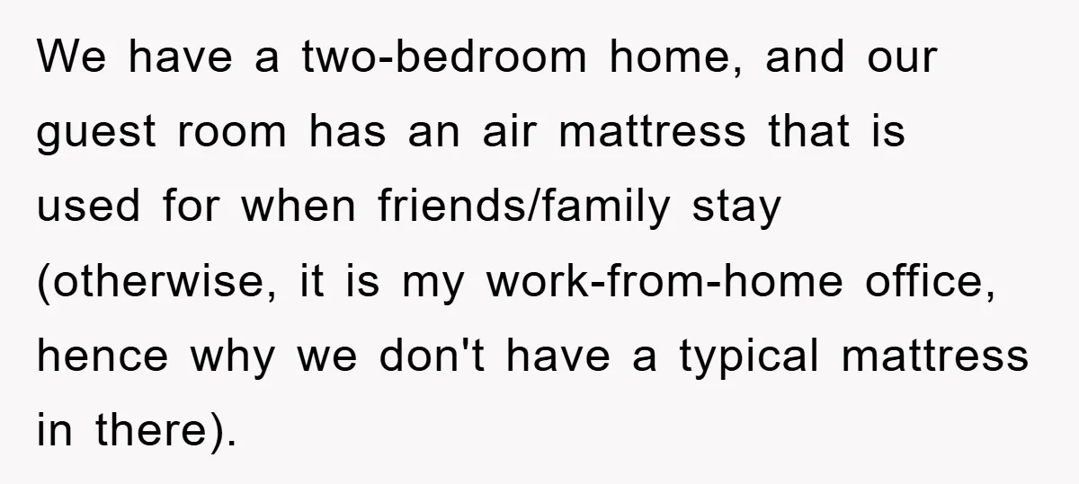 We have a two-bedroom home, and our guest room has an air mattress that is used for when friends/family stay (otherwise, it is my work-from-home office, hence why we don't...