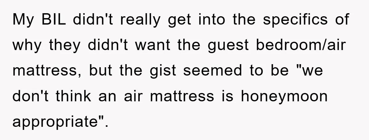 My BIL didn't really get into the specifics of why they didn't want the guest bedroom/air mattress, but the gist seemed to be "we don't think an air mattress is...