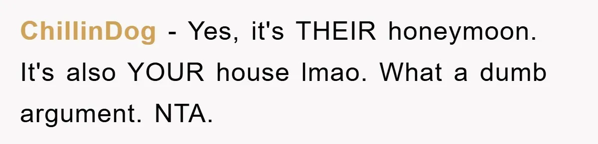 ChillinDog − Yes, it's THEIR honeymoon. It's also YOUR house lmao. What a dumb argument. NTA.