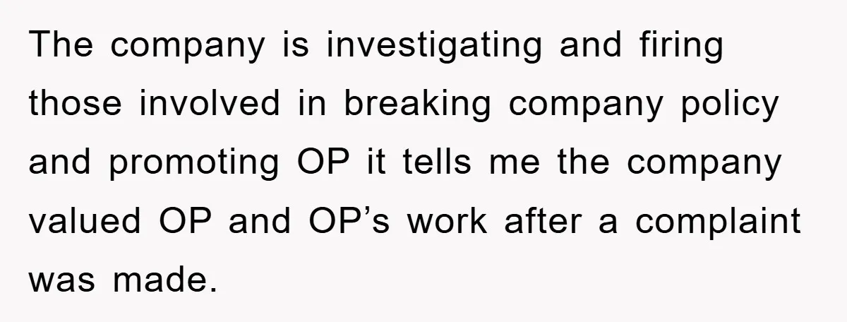 The company is investigating and firing those involved in breaking company policy and promoting OP it tells me the company valued OP and OP’s work after a complaint was made.