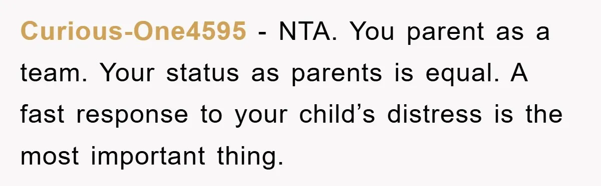 Curious-One4595 − NTA. You parent as a team. Your status as parents is equal. A fast response to your child’s distress is the most important thing.