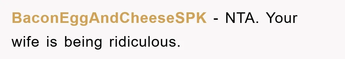 BaconEggAndCheeseSPK − NTA. Your wife is being ridiculous.