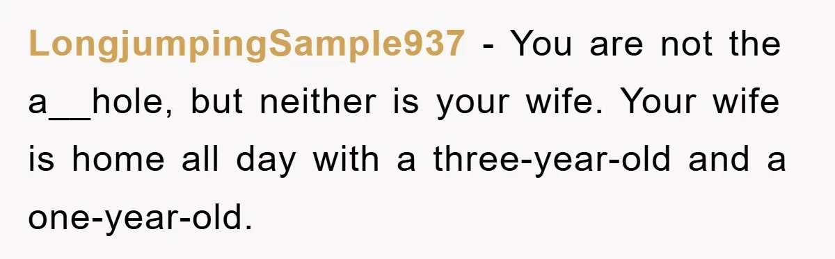 LongjumpingSample937 − You are not the a__hole, but neither is your wife. Your wife is home all day with a three-year-old and a one-year-old.