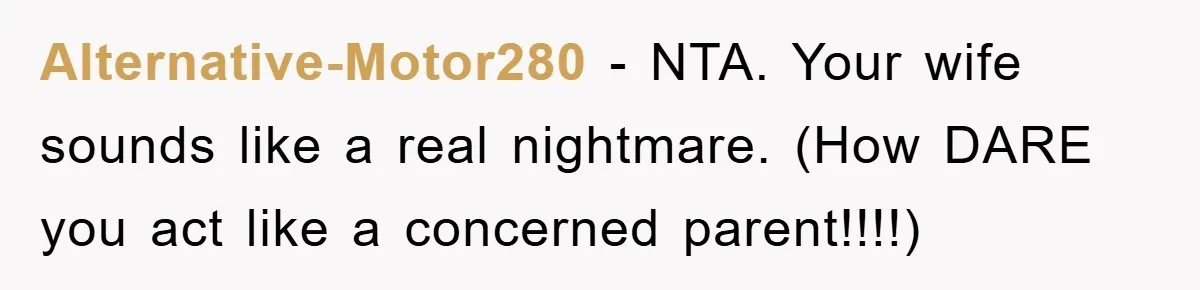 Alternative-Motor280 − NTA. Your wife sounds like a real nightmare. (How DARE you act like a concerned parent!!!!)
