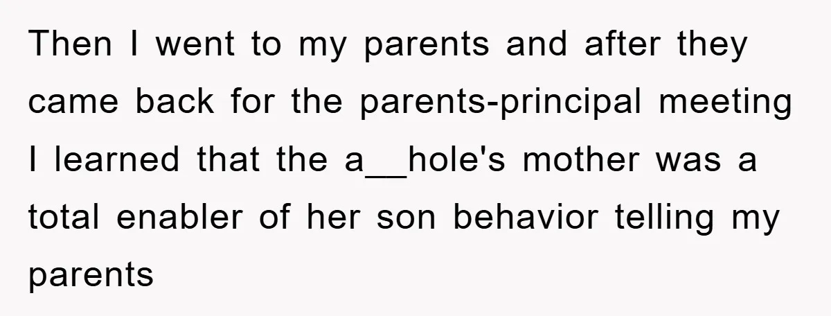 Then I went to my parents and after they came back for the parents-principal meeting I learned that the a__hole's mother was a total enabler of her son behavior telling...