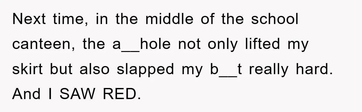 Next time, in the middle of the school canteen, the a__hole not only lifted my skirt but also slapped my b__t really hard. And I SAW RED.