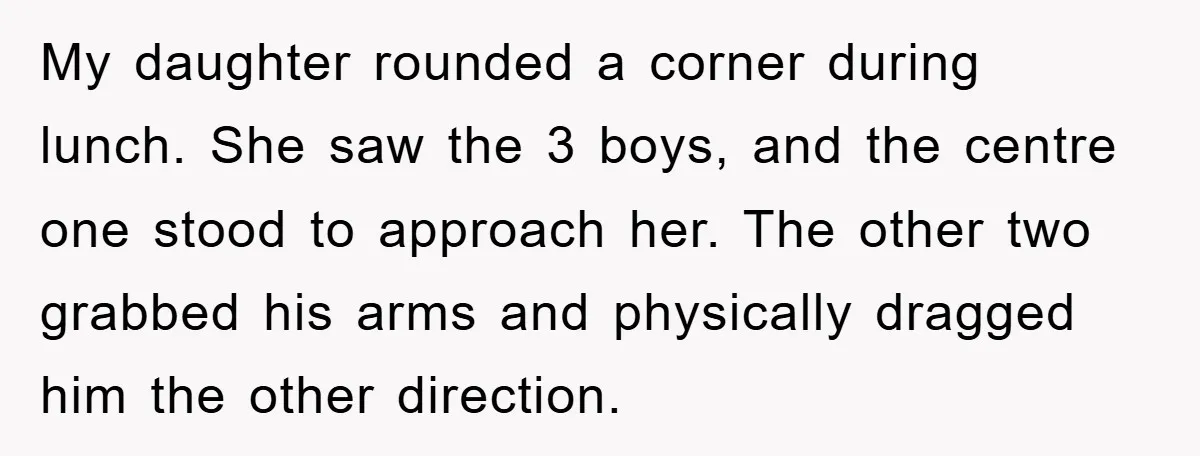 My daughter rounded a corner during lunch. She saw the 3 boys, and the centre one stood to approach her. The other two grabbed his arms and physically dragged him...