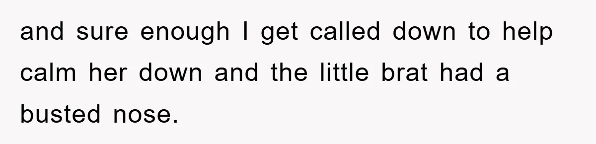 and sure enough I get called down to help calm her down and the little brat had a busted nose.