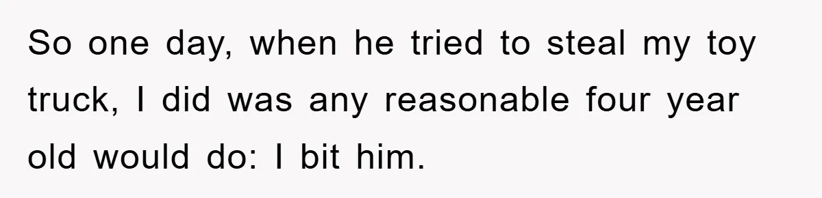 So one day, when he tried to steal my toy truck, I did was any reasonable four year old would do: I bit him.
