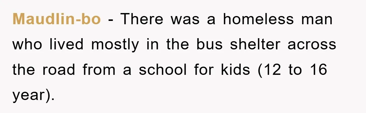 Maudlin-bo − There was a homeless man who lived mostly in the bus shelter across the road from a school for kids (12 to 16 year).
