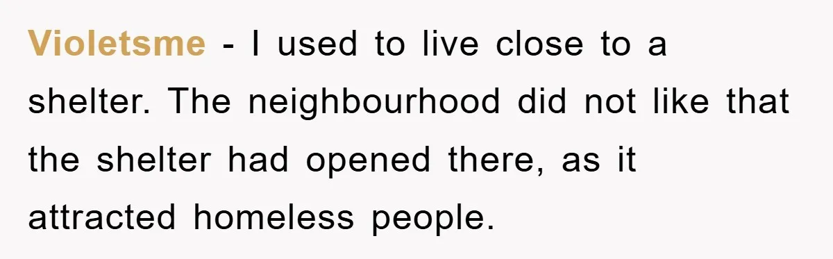 Violetsme − I used to live close to a shelter. The neighbourhood did not like that the shelter had opened there, as it attracted homeless people.