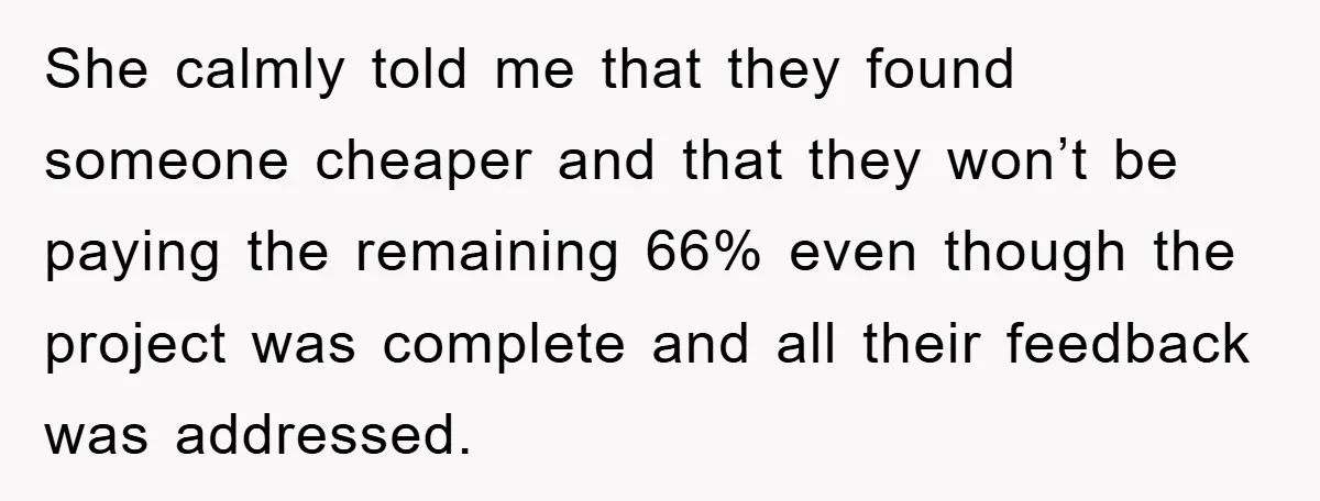 She calmly told me that they found someone cheaper and that they won’t be paying the remaining 66% even though the project was complete and all their feedback was addressed.