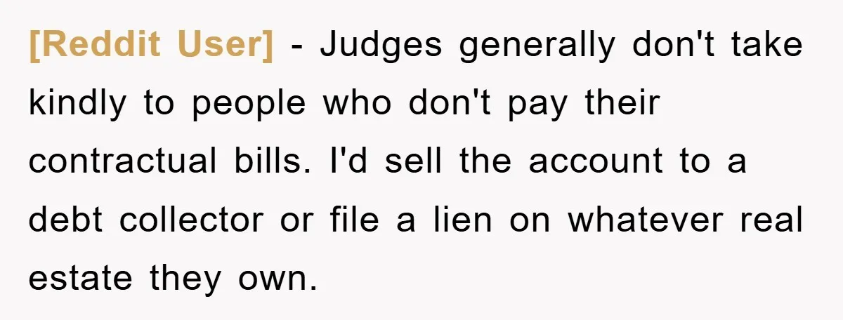 [Reddit User] − Judges generally don't take kindly to people who don't pay their contractual bills. I'd sell the account to a debt collector or file a lien on whatever...