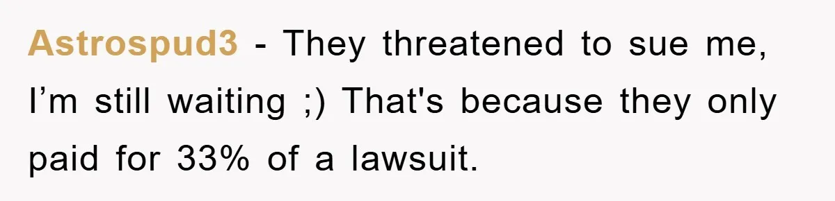 Astrospud3 − They threatened to sue me, I’m still waiting ;) That's because they only paid for 33% of a lawsuit.