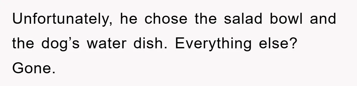 Unfortunately, he chose the salad bowl and the dog’s water dish. Everything else? Gone.