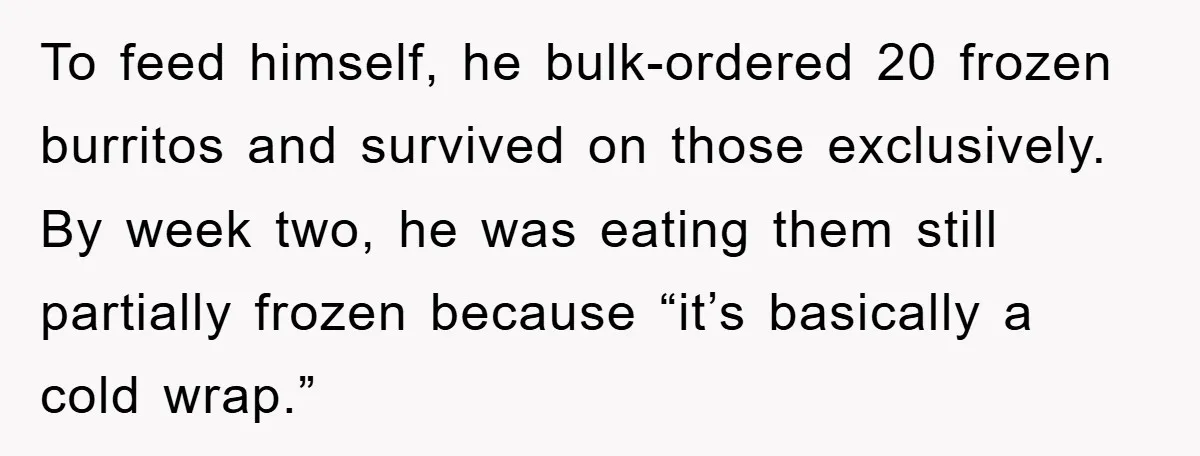 To feed himself, he bulk-ordered 20 frozen burritos and survived on those exclusively. By week two, he was eating them still partially frozen because “it’s basically a cold wrap.”