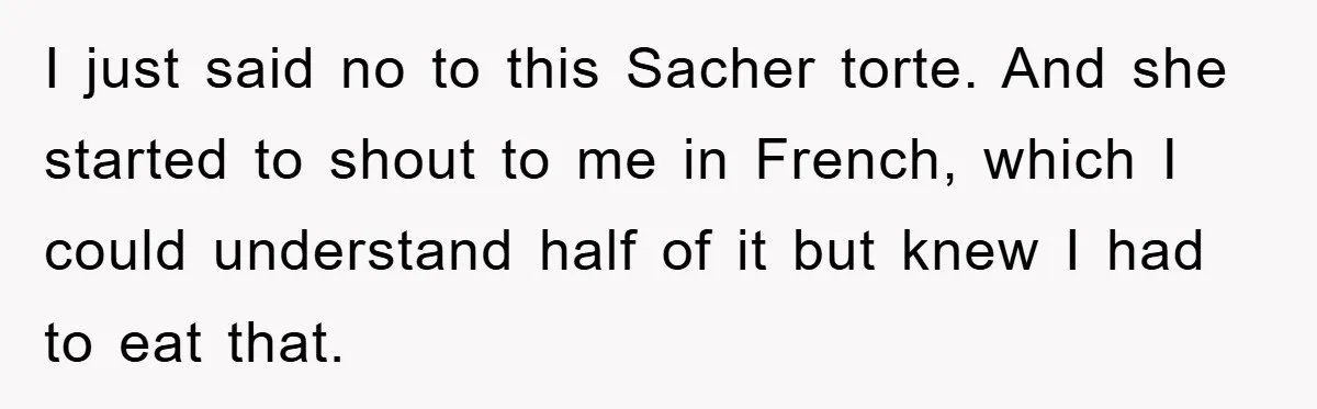 I just said no to this Sacher torte. And she started to shout to me in French, which I could understand half of it but knew I had to eat...