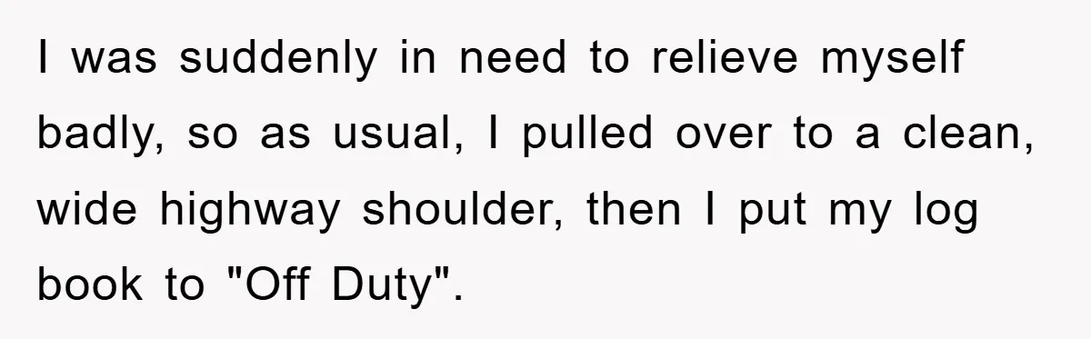 I was suddenly in need to relieve myself badly, so as usual, I pulled over to a clean, wide highway shoulder, then I put my log book to "Off Duty".