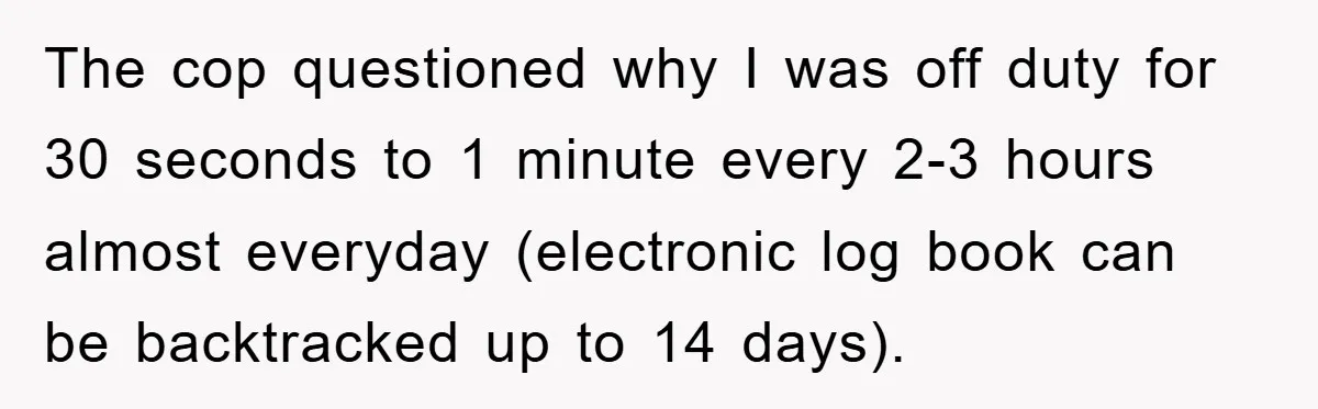 The cop questioned why I was off duty for 30 seconds to 1 minute every 2-3 hours almost everyday (electronic log book can be backtracked up to 14 days).