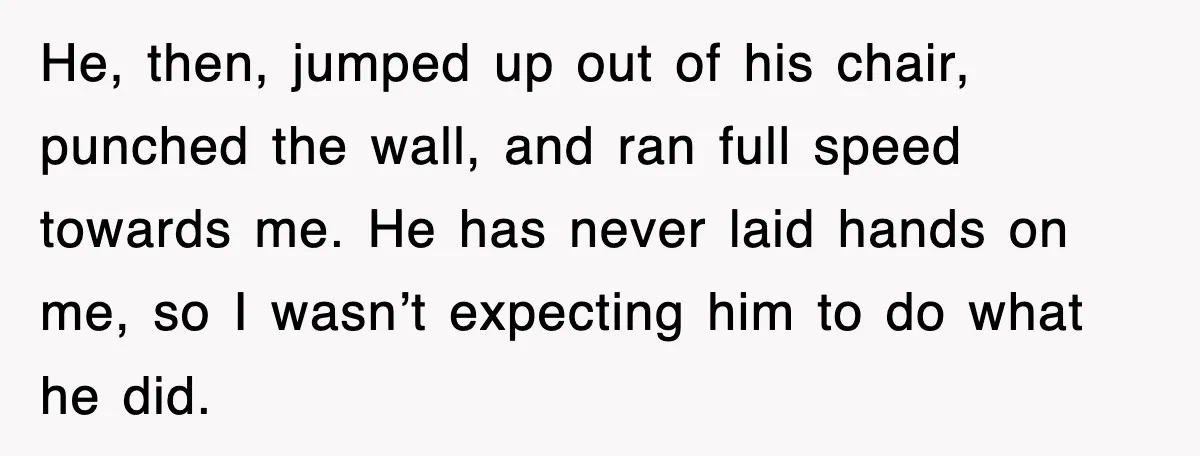 He, then, jumped up out of his chair, punched the wall, and ran full speed towards me. He has never laid hands on me, so I wasn’t expecting him to...