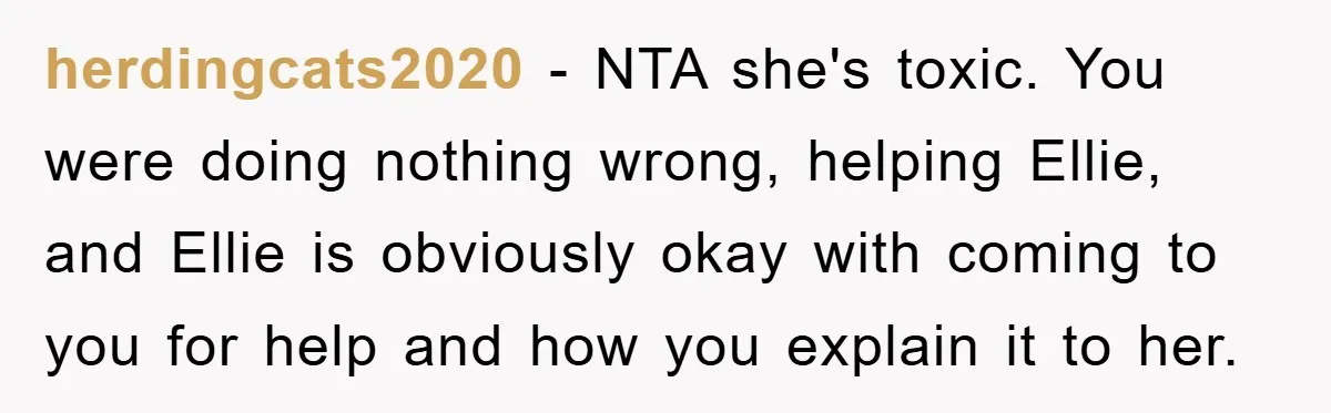 herdingcats2020 − NTA she's toxic. You were doing nothing wrong, helping Ellie, and Ellie is obviously okay with coming to you for help and how you explain it to her.