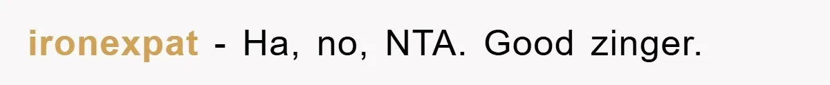 ironexpat − Ha, no, NTA. Good zinger.