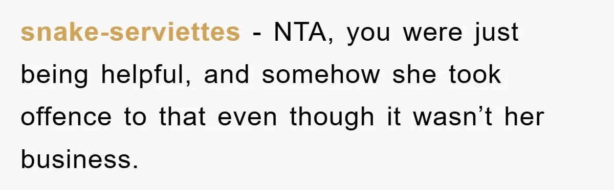 snake-serviettes − NTA, you were just being helpful, and somehow she took offence to that even though it wasn’t her business.