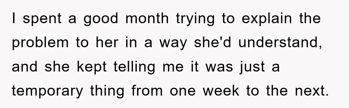 I spent a good month trying to explain the problem to her in a way she'd understand, and she kept telling me it was just a temporary thing from one...