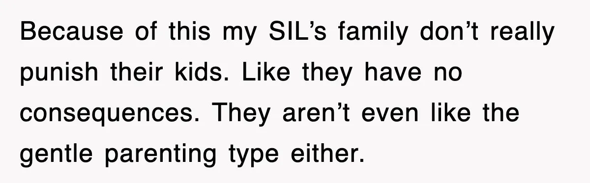 Because of this my SIL’s family don’t really punish their kids. Like they have no consequences. They aren’t even like the gentle parenting type either.
