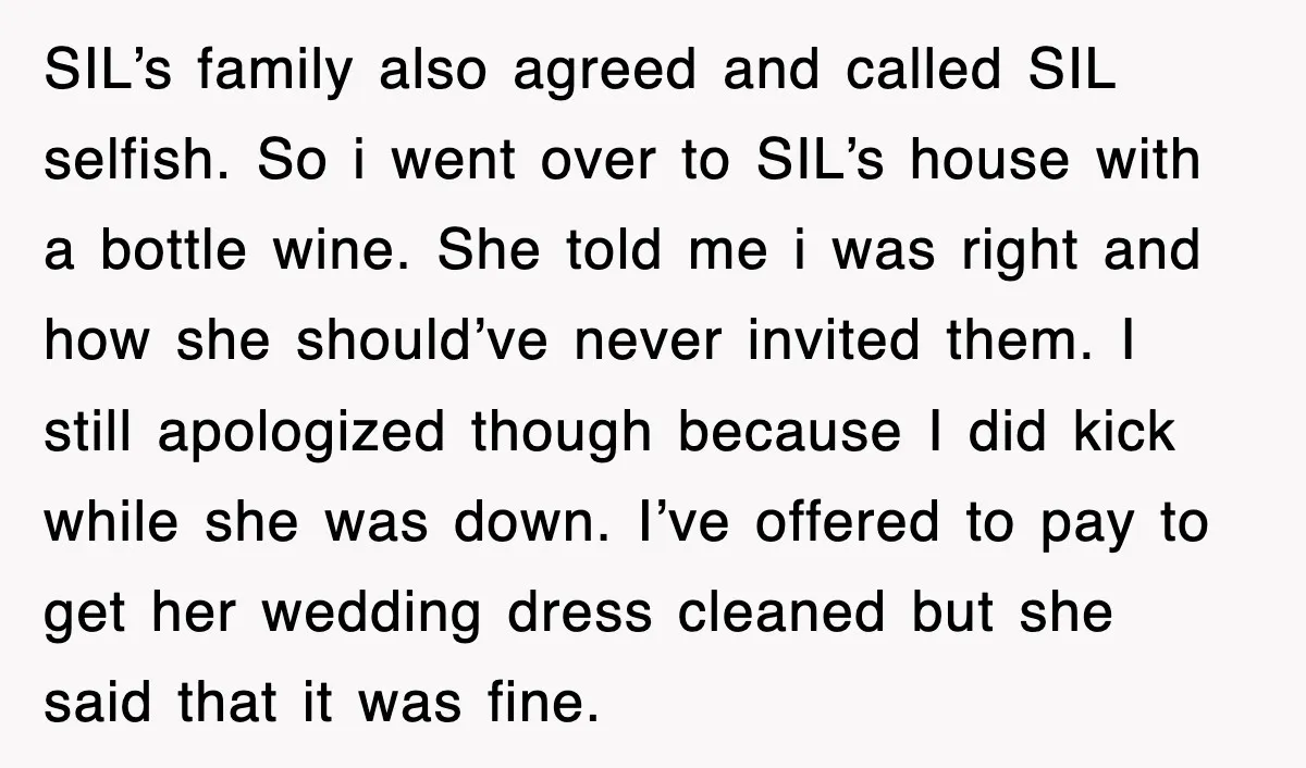SIL’s family also agreed and called SIL selfish. So i went over to SIL’s house with a bottle wine. She told me i was right and how she should’ve never...