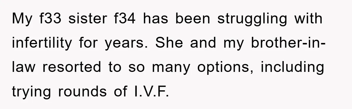 My f33 sister f34 has been struggling with infertility for years. She and my brother-in-law resorted to so many options, including trying rounds of I.V.F.