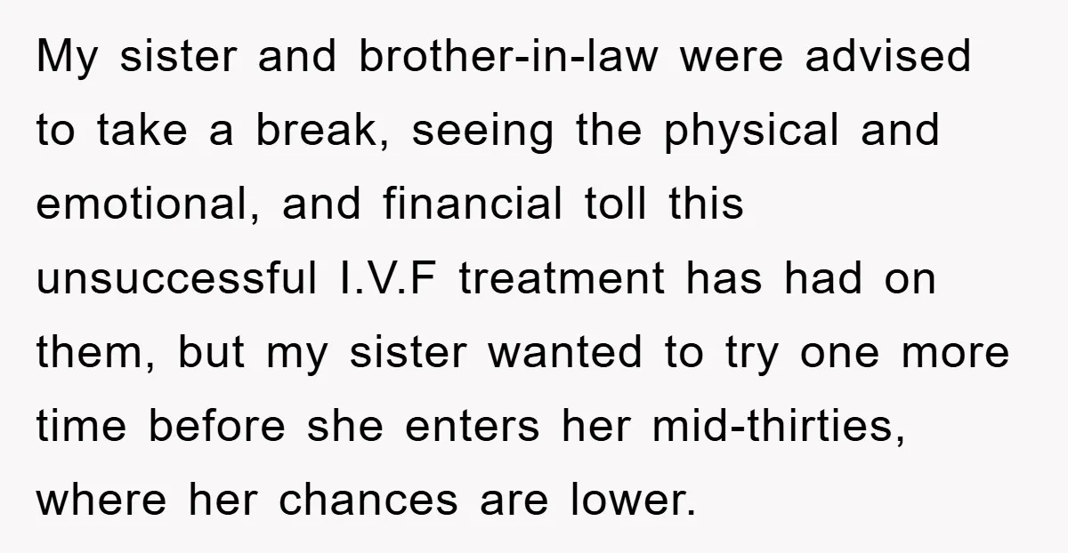 My sister and brother-in-law were advised to take a break, seeing the physical and emotional, and financial toll this unsuccessful I.V.F treatment has had on them, but my sister wanted...