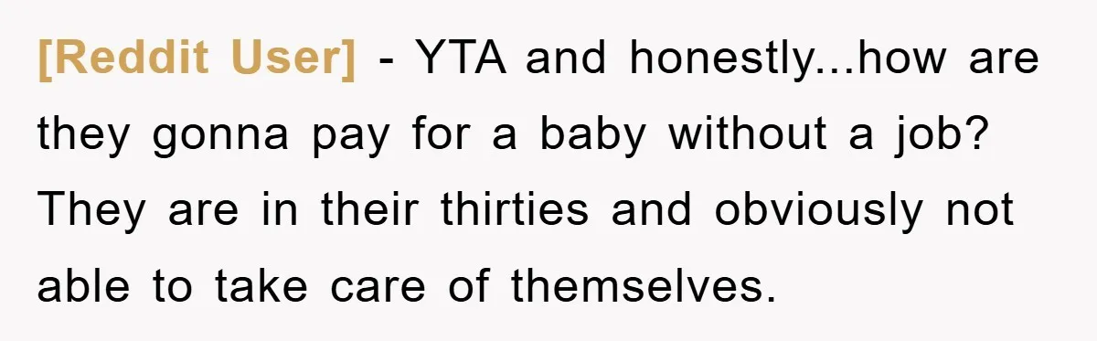 [Reddit User] − YTA and honestly...how are they gonna pay for a baby without a job? They are in their thirties and obviously not able to take care of themselves.