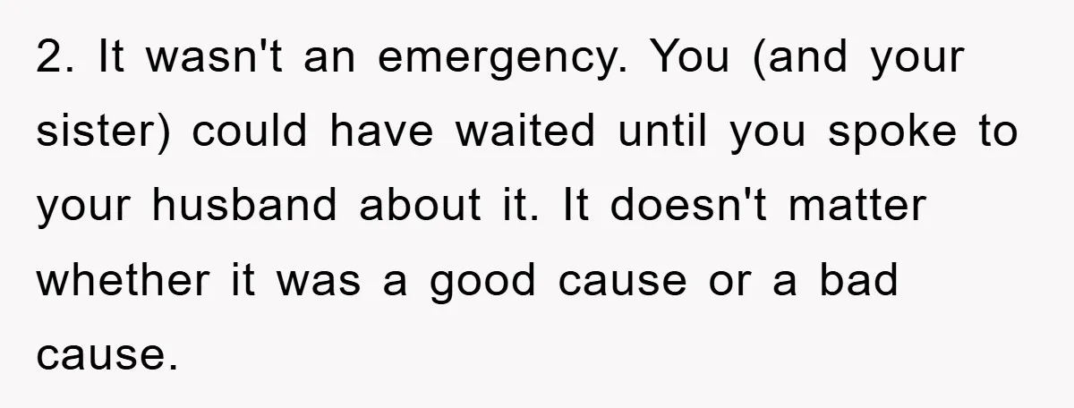 2. It wasn't an emergency. You (and your sister) could have waited until you spoke to your husband about it. It doesn't matter whether it was a good cause or...