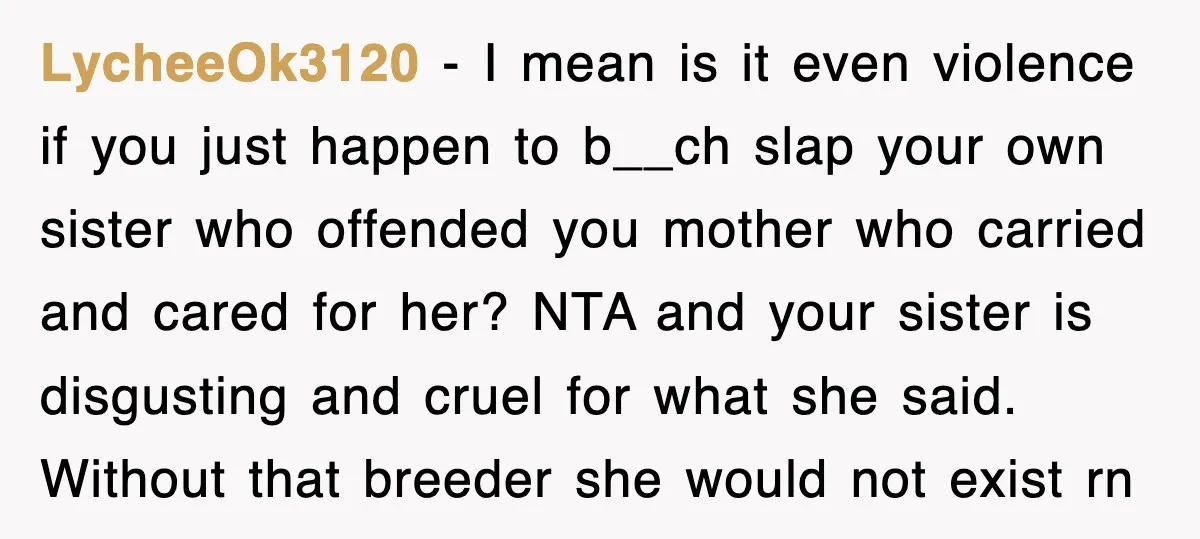 Woman Regrets Slapping Sister For Calling Mom A “Breeder,” Says She Should’ve Hit Harder LycheeOk3120 − I mean is it even violence if you just happen to b__ch slap your own sister who offended you mother who carried and cared for her? NTA and...