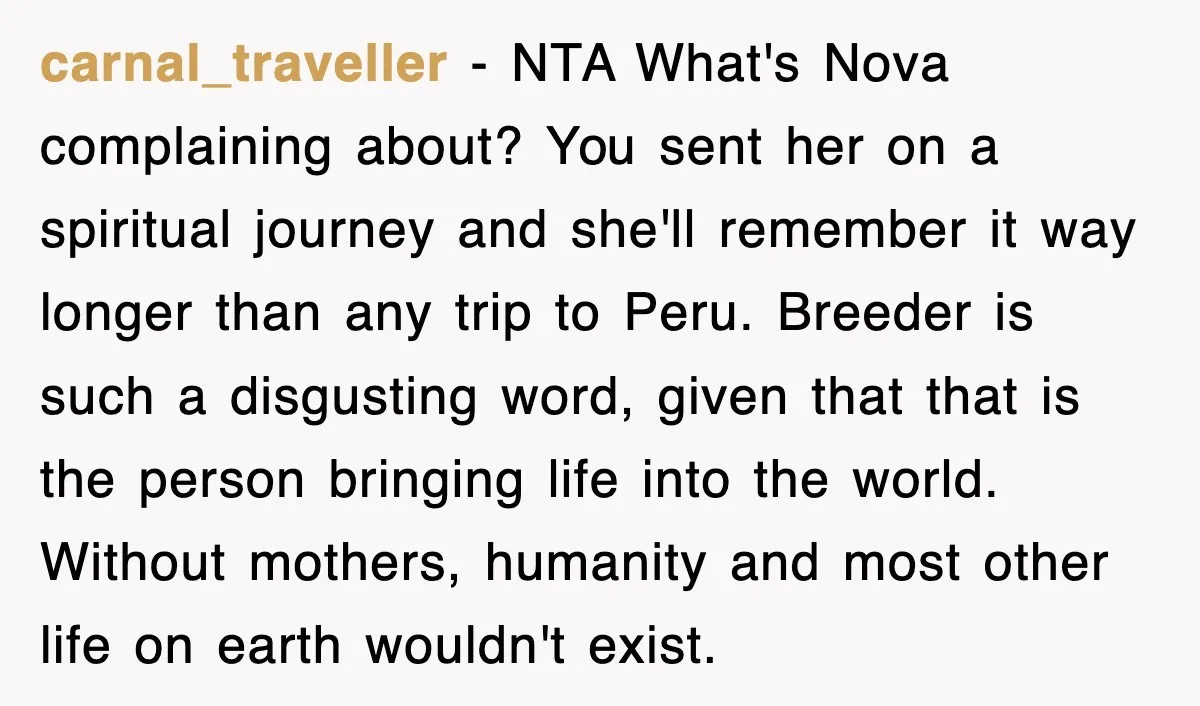 Woman Regrets Slapping Sister For Calling Mom A “Breeder,” Says She Should’ve Hit Harder carnal_traveller − NTA What's Nova complaining about? You sent her on a spiritual journey and she'll remember it way longer than any trip to Peru. Breeder is such a disgusting...