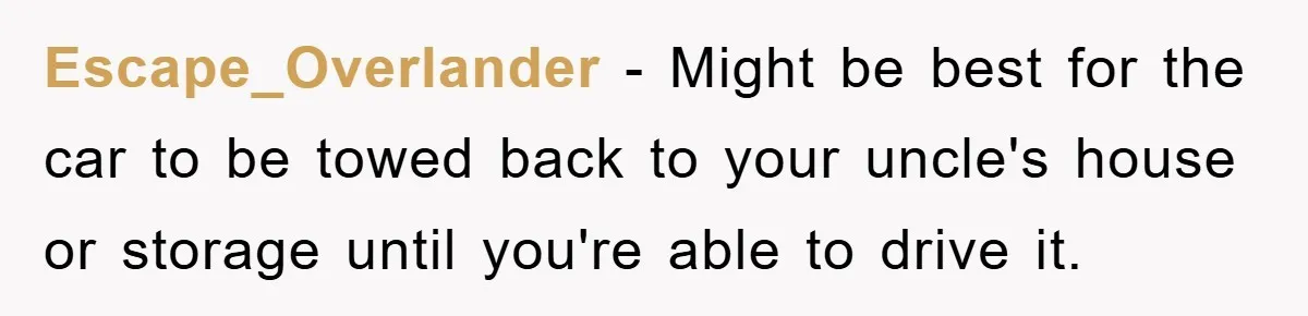 This Teen Considered Letting Her Uncle Report Her Late Dad’s Car Stolen - After Her Stepdad Kept Taking It Without Permission Escape_Overlander − Might be best for the car to be towed back to your uncle's house or storage until you're able to drive it.