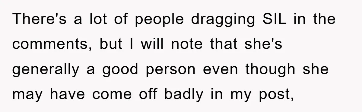 There's a lot of people dragging SIL in the comments, but I will note that she's generally a good person even though she may have come off badly in my...