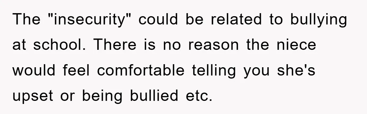 The "insecurity" could be related to bullying at school. There is no reason the niece would feel comfortable telling you she's upset or being bullied etc.