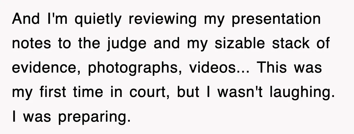 And I'm quietly reviewing my presentation notes to the judge and my sizable stack of evidence, photographs, videos... This was my first time in court, but I wasn't laughing. I...