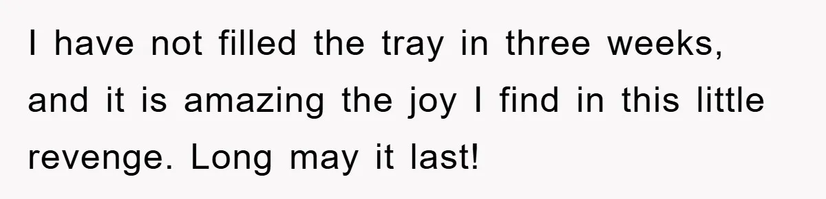 I have not filled the tray in three weeks, and it is amazing the joy I find in this little revenge. Long may it last!