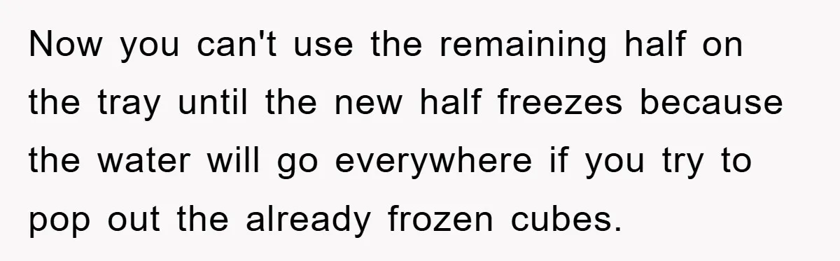 Now you can't use the remaining half on the tray until the new half freezes because the water will go everywhere if you try to pop out the already frozen...