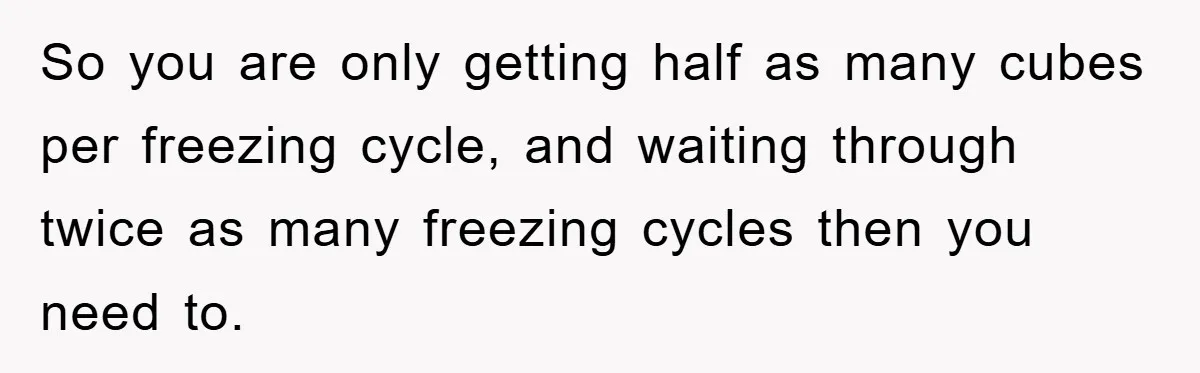 So you are only getting half as many cubes per freezing cycle, and waiting through twice as many freezing cycles then you need to.
