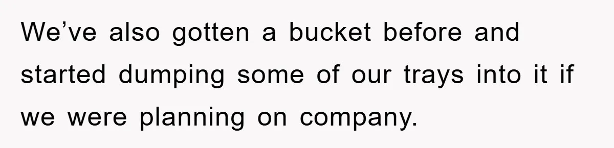 We’ve also gotten a bucket before and started dumping some of our trays into it if we were planning on company.